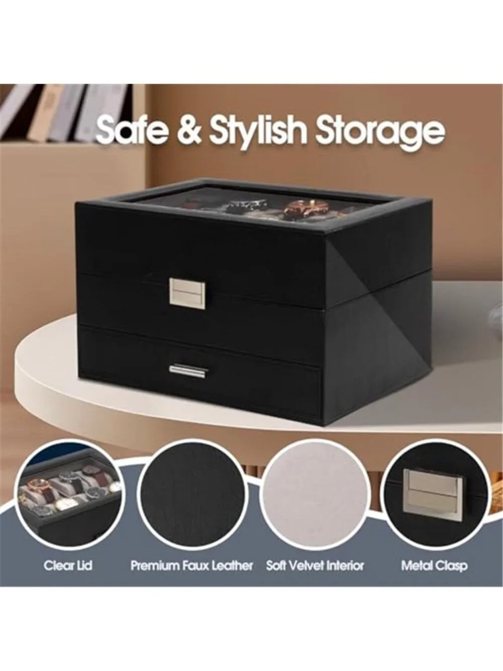 Watch Box, Watch Case for Men, 8 Slot Watch Display Case, 3 Layers Large